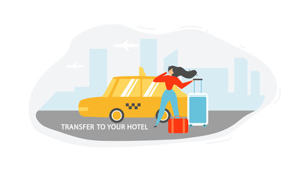 Transfer to Hotel with Taxi Flat Vector Concept