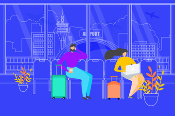 Traveling People Waiting Flight in Airport Vector