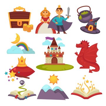 Fairy tale characters and fantastic land isolated objects