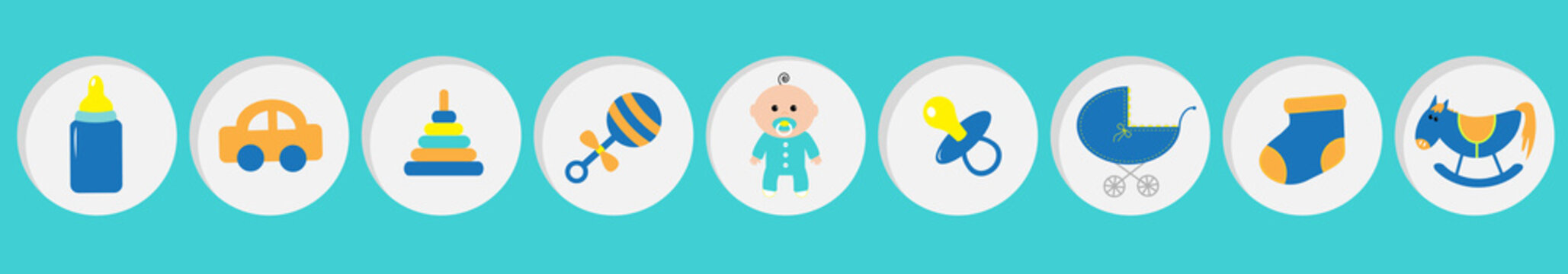 Baby Boy Shower Card With Bottle, Horse, Rattle, Pacifier, Sock, Car Toy, Baby Carriage, Pyramid. Its A Boy. Round Icon Set Line. Blue Background. Flat Design