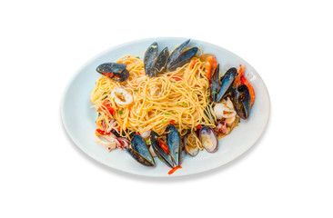 Spaghetti with Seafood isolated on white background