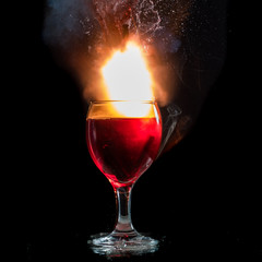 The explosion of wine in a glass, a lot of splashes and fragments, the harm of alcohol