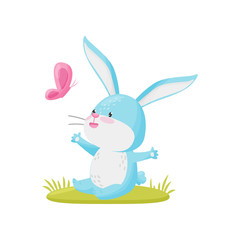 Cute rabbit with butterfly on white background. Vector illustration.