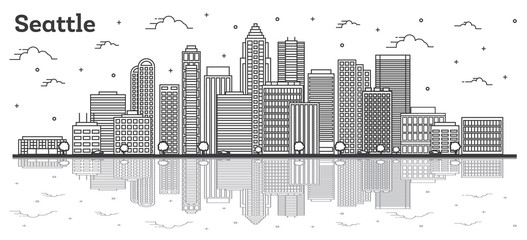 Outline Seattle Washington City Skyline with Modern Buildings and Reflections Isolated on White.
