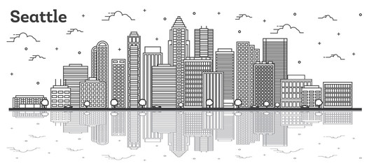 Naklejka premium Outline Seattle Washington City Skyline with Modern Buildings and Reflections Isolated on White.