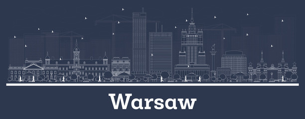 Outline Warsaw Poland City Skyline with White Buildings.