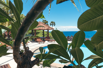 Tropical swimming pool with no people. Dream island. Luxury resort. Bali island, Indonesia.