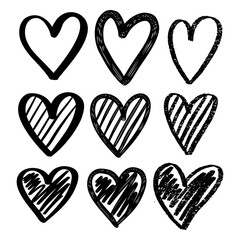 Hearts hand drawn set. Brush, marker, hatching
