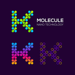 Letter K Logotype with Dots or Points and Curve , Circle Shape and Line Connected, Molecule and Nano Technology logo, Innovation and DNA Icons, Medicine Cosmetics Symbols, Science Laboratory Signs 