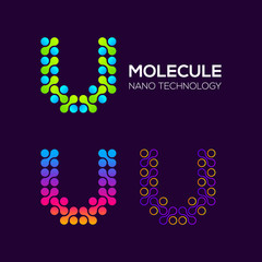 Letter U Logotype with Dots or Points and Curve , Circle Shape and Line Connected, Molecule and Nano Technology logo, Innovation and DNA Icons, Medicine Cosmetics Symbols, Science Laboratory Signs 