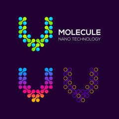 Letter V Logotype with Dots or Points and Curve , Circle Shape and Line Connected, Molecule and Nano Technology logo, Innovation and DNA Icons, Medicine Cosmetics Symbols, Science Laboratory Signs 