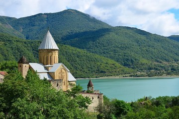 Fototapeta na wymiar Ancient fortress Ananuri in Georgia is located between the reservoir of Zhinvali and the Georgian Military Highway