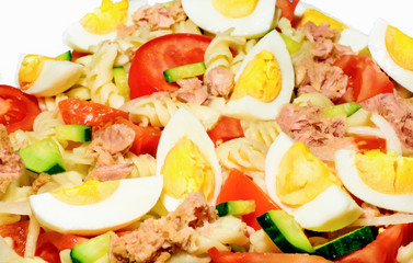 Traditional tuna salad. Tuna salad background. Selective focus.