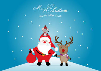 Merry Christmas and happy new year with cute Santa Claus, deer and Rat. Cute animal holiday cartoon character vector. Vector concept illustration for design.