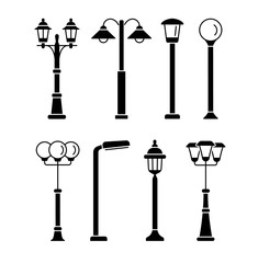 Street lights. Outdoor park & garden lighting.  Vector flat icon set. Isolated objects