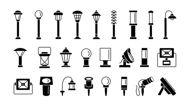 Landscape path lights for patio, deck & yard. Outdoor garden lighting. Vector flat icon set. Isolated objects.