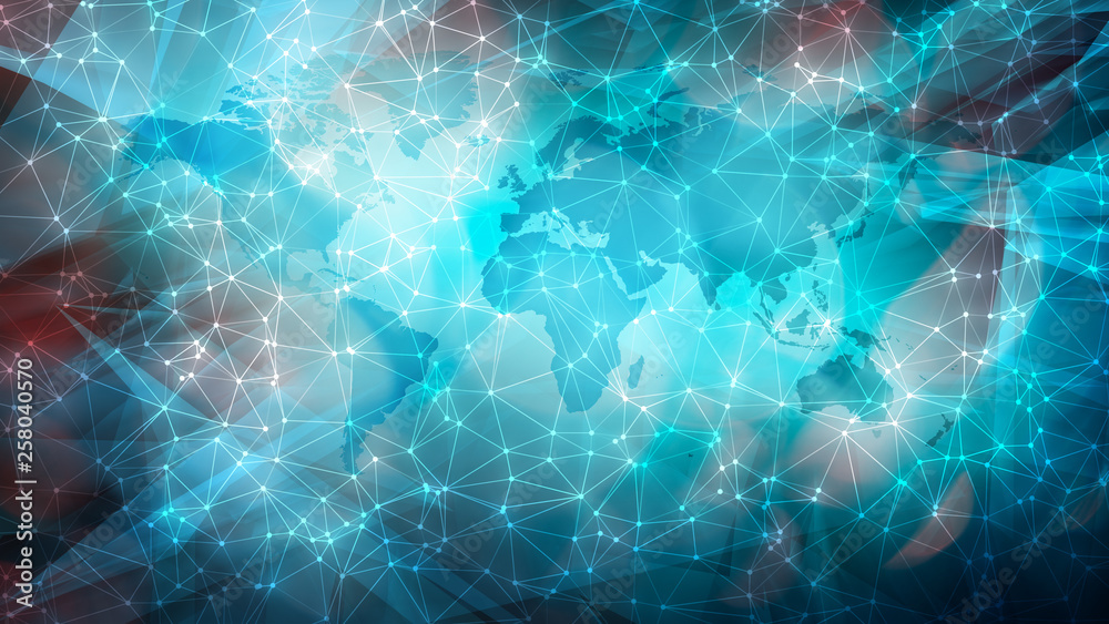 Wall mural machine learning digital world dots and wires connected on world map