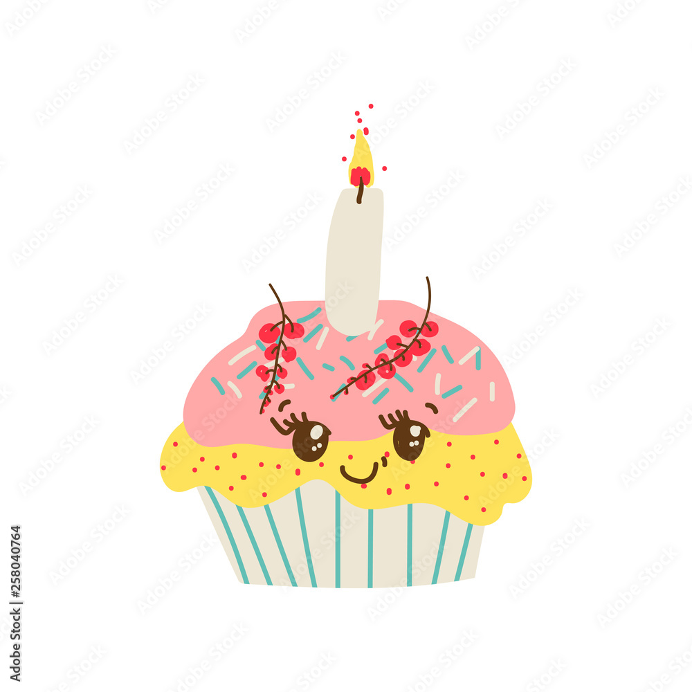 Wall mural Happy Cute Delicious Cupcake Cartoon Character, Adorable Kawaii Dessert with Candle Vector Illustration