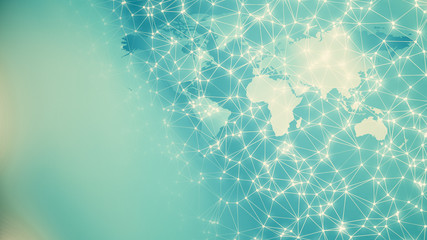 International bank connections, modern geometric lines and dots with world map