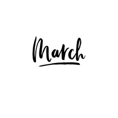 March lettering. Hand drawn vactor word. Ink handwritten text for calendar. Black illustration isolated on white backrground.