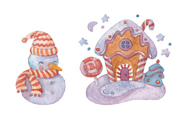 Gingerbread house and snowman. Watercolor illustrations.