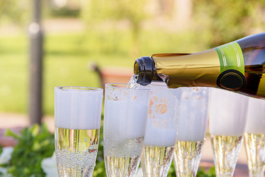 Champagne is poured from a bottle into glasses in the middle of a park on a sunny day