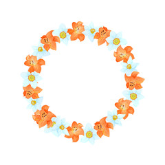 Beautiful watercolor card with lily and narcissus. Flowers isolated on white background. Hand drawn botanical illustration for your invitation and congratulations.