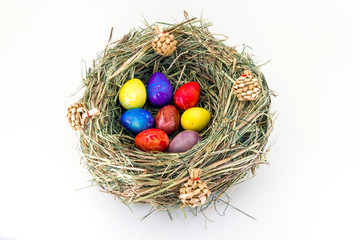 colored easter quail eggs in grass nest with bumps