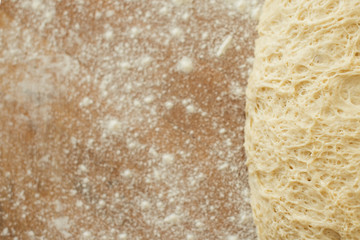 dough lying on a wooden cutting board sprinkled with flour