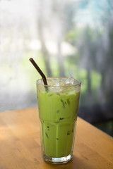 Iced green tea on table.