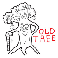 Cartoon doodle illustration of cute old tree for coloring book, t-shirt print design, greeting card