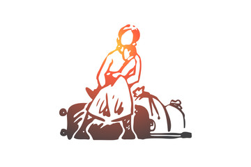 Migrant, woman, illegal, bags, refugee concept. Hand drawn isolated vector.