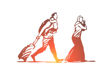 Migrant, family, children, illegal, bags concept. Hand drawn isolated vector.