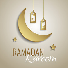 Fototapeta premium Ramadan Kareem greeting card with crescent and arabic lantern, stars on a gold backdrop. Poster or card in a paper art style.