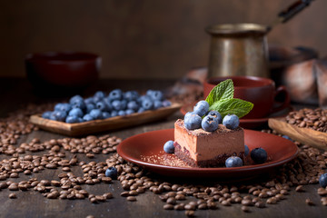 Chocolate cake with blueberries.