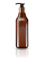Blank brown cosmetic square bottle with pump head for beauty or healthy product. Isolated on white background with reflection shadow. Ready to use for package design. Vector illustration.
