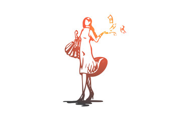 Shopaholic, woman, sale, shopper, store concept. Hand drawn isolated vector.