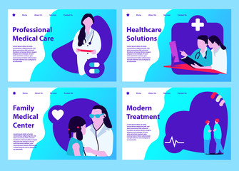 Set of web page design templates for online medical support, health care, laboratory, medical services. Modern vector illustration concepts for website and mobile website development. - 258047556
