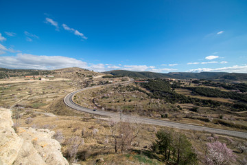 Around the town of Morella surrounded by Almond trees
