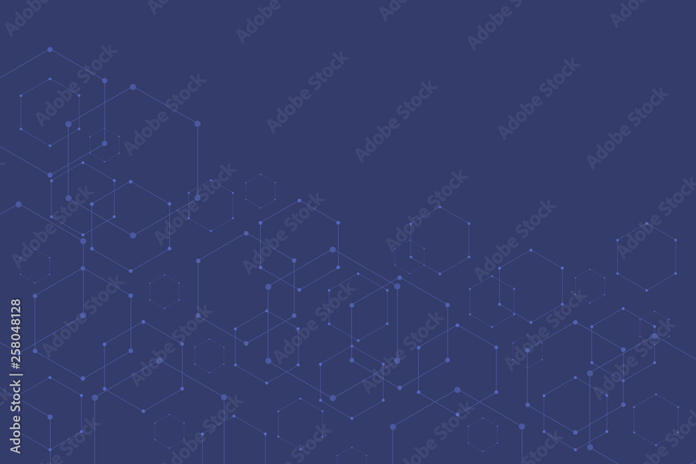 Poster abstract hexagonal molecular structures on blue background with copy space.