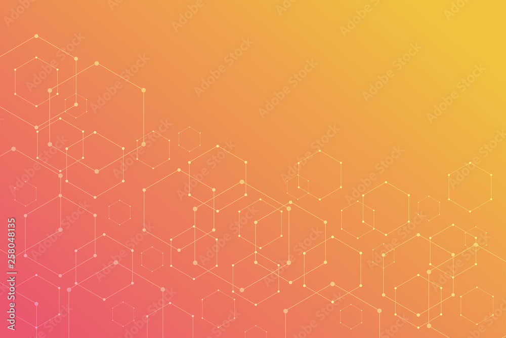 Poster abstract hexagonal molecular structures on orange background with copy space.
