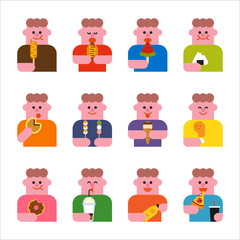 Fat character set to eat delicious food. flat design style minimal vector illustration