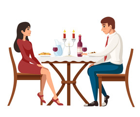 Man and woman on date in restaurant. Meeting love couple. Table with red wine bottle, candelabra and italian pasta. Cartoon character design. Flat vector illustration on white background