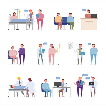 Doctors' various hospital work and medical practice. flat design style minimal vector illustration