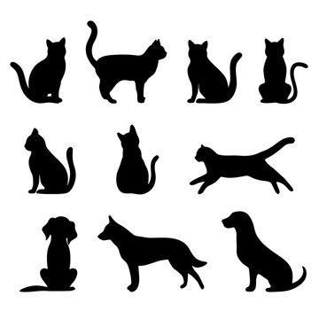 set of silhouettes of dogs and cats on a white background