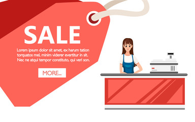 A Young cashier woman standing in supermarket. Checkout machine, cash register. Sale tag, place for text. Cartoon character design. Flat vector illustration on white background