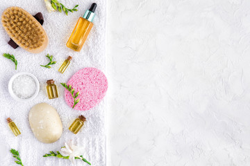 Top view and flat lay of spa composition for body care on white background, mock up with copy space