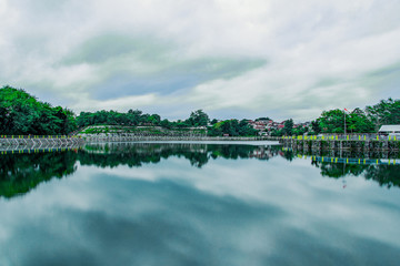 tambak boyo with beautiful panorama and reflected view from the lake in yogyakarta, indonesia