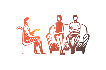 Couple, psychologist, problem, relationship, therapy concept. Hand drawn isolated vector.