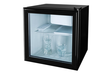 a small black refrigerator with a transparent glass door, inside two glasses full of water, the...